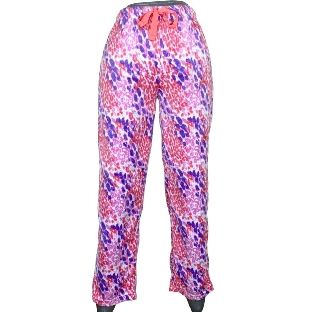 XL Fleece Leopard Pants Pull On Drawstring Size 16 Pink Purple Stretch Sleep